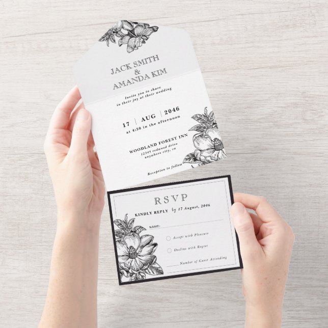 Classic Black and White Wedding All in one RSVP Invitation (Tearaway)