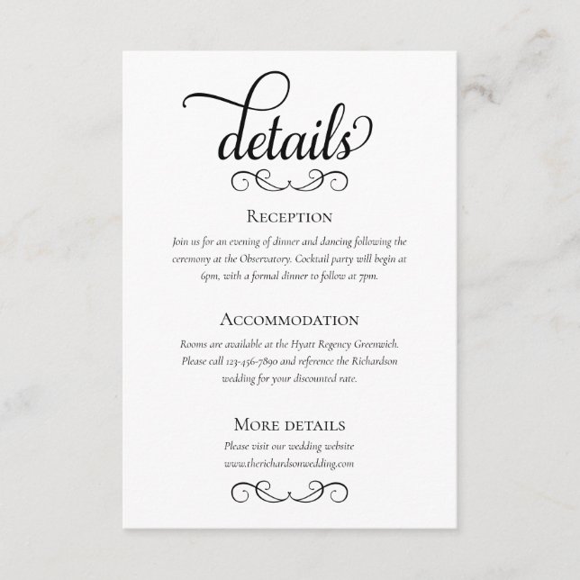 Classic Black and White Wedding Details Enclosure Card (Front)