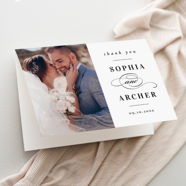 Classic Black and White Wedding Photo Thank You Card (Elegant Black and White Type Photo Wedding Thank You Card.)