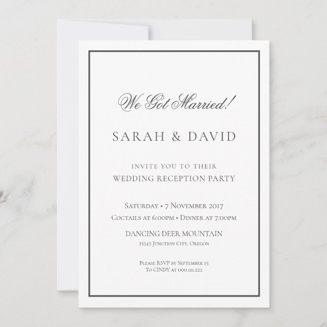 Classic Black and White Wedding Reception Party Invitation (Front)