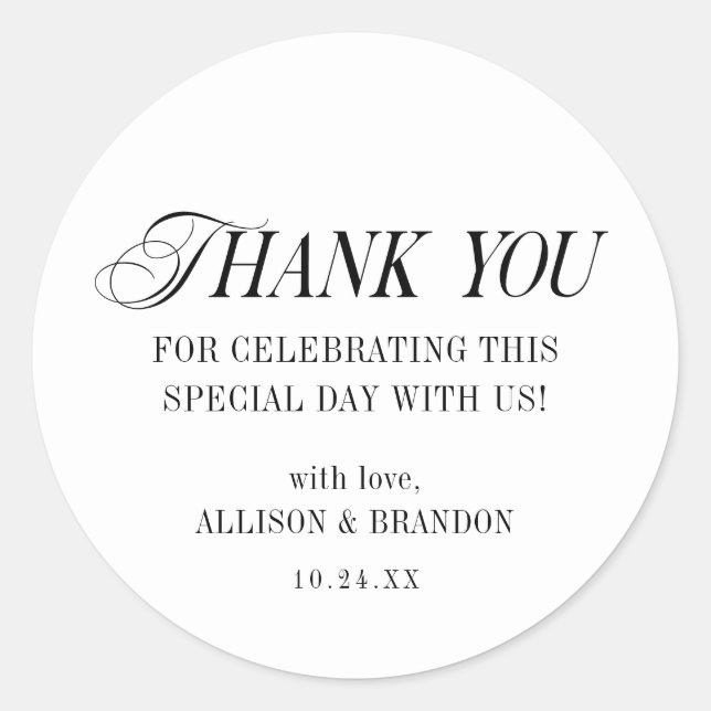 Classic Black and White Wedding Thank You Classic Round Sticker (Front)