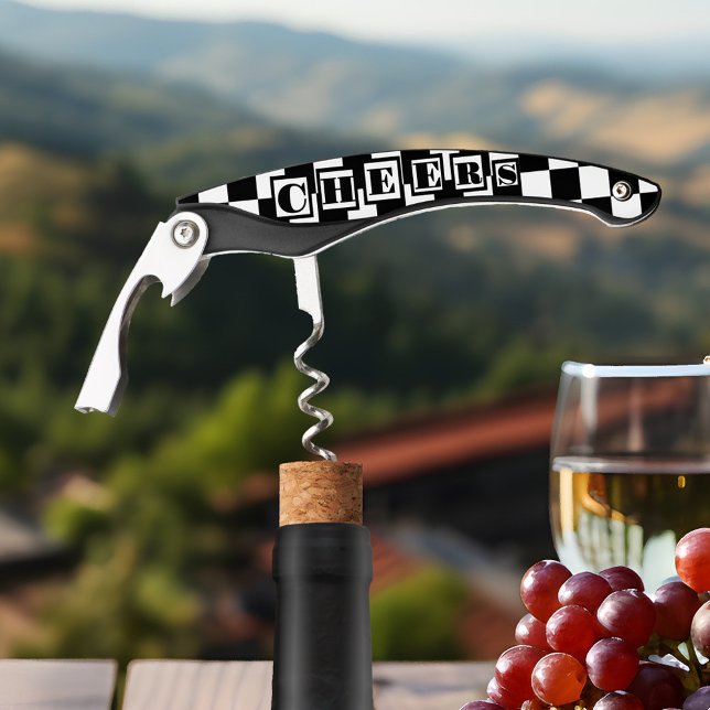 Classic Black and White Wine Corkscrew (A wine corkscrew bottle opener featuring a classic black and white checkered design and Cheers text)