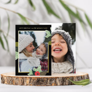 Classic Black Botanical Two Photo Christmas Card