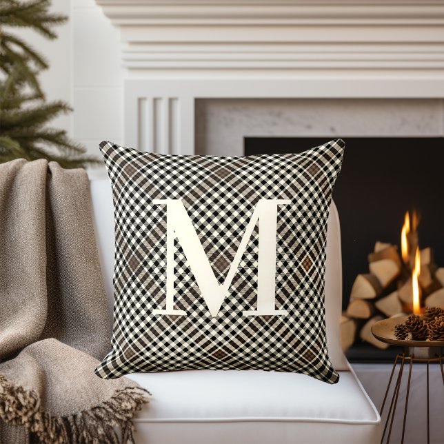 Classic Black Brown Tartan Pattern with Monogram Cushion (Creator Uploaded)