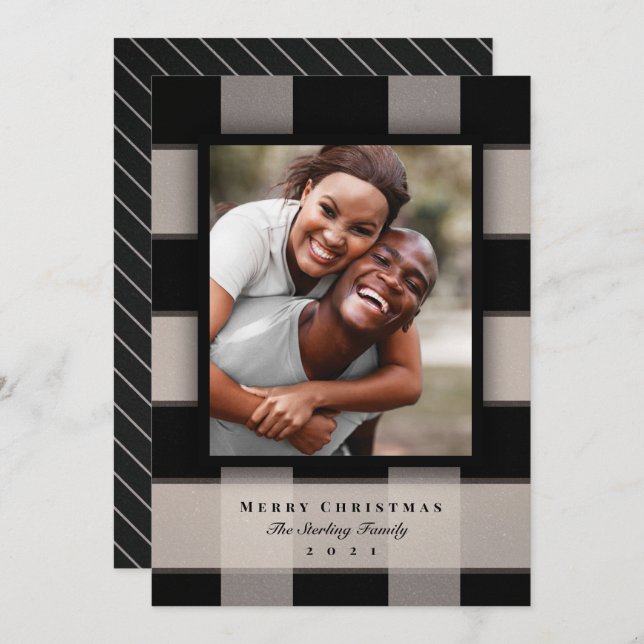 Classic Black Buffalo Plaid Photo Holiday Card (Front/Back)