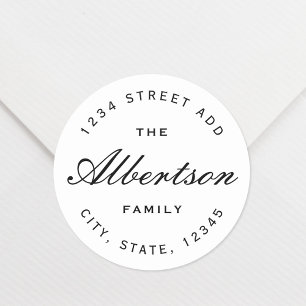 Classic Black Calligraphy Family Name Address Round Sticker