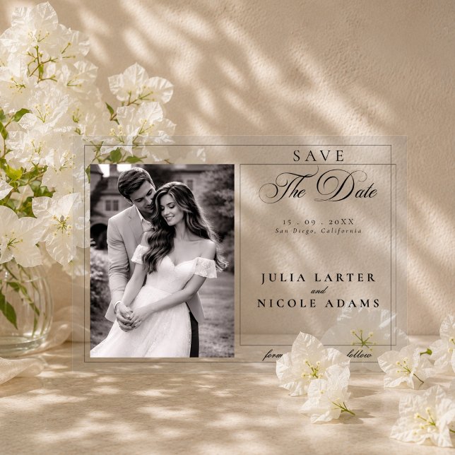 Classic Black Calligraphy Photo Save The Date Acrylic Invitations (Creator Uploaded)