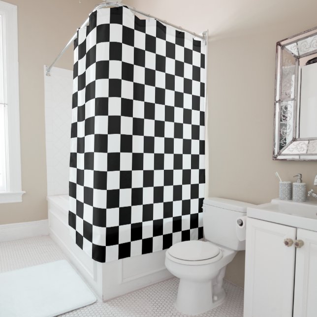 Classic black chequerboard shower curtain (In Situ)