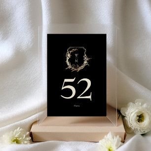 Classic Black & Cream Monogram Gold Wreath Wedding Table Number