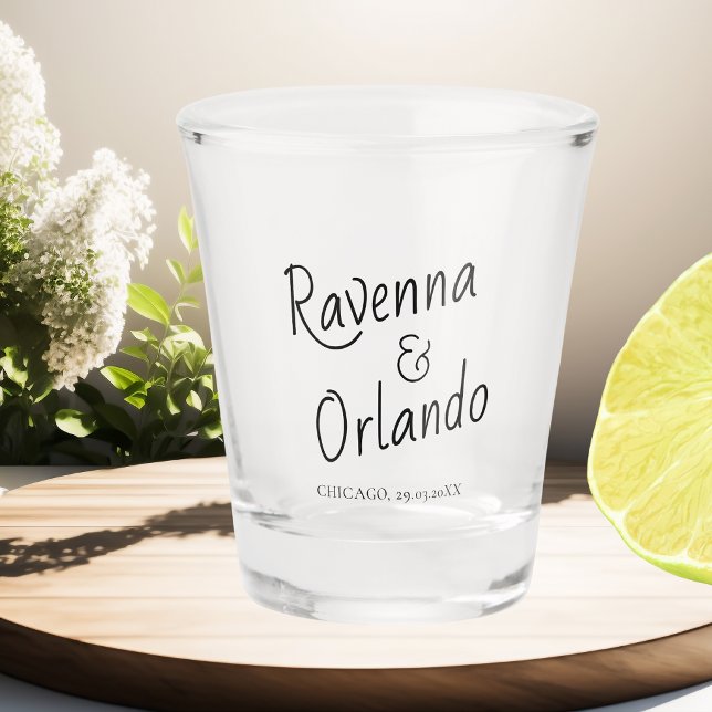 Classic Black Cursive Retro Minimalist Wedding Shot Glass (Creator Uploaded)
