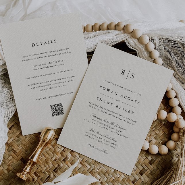 Classic Black & Ecru Monogram All in One Wedding Invitation (Creator Uploaded)