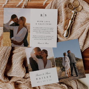 Classic Black & Ecru Monogram Multi Photo Thank You Card