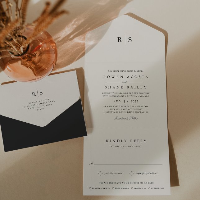 Classic Black & Ecru Monogram Wedding All In One Invitation (Creator Uploaded)