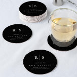 Classic Black & Ecru Monogram Wedding Bar Round Paper Coaster<br><div class="desc">An elegant monogram wedding coaster design featuring your initials,  names,  and wedding date in warm ivory ecru lettering on a rich black background. "Cheers to [Name}" wording makes this style perfectly suited to your cocktail hour or bar setup.</div>
