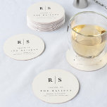 Classic Black & Ecru Monogram Wedding Bar Round Paper Coaster<br><div class="desc">An elegant monogram wedding coaster design featuring your initials,  names,  and wedding date in black lettering on a warm ivory ecru background. "Cheers to [Name}" wording makes this style perfectly suited to your cocktail hour or bar setup.</div>
