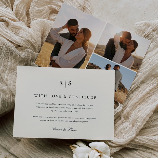 Classic Black & Ecru Monogram Wedding Photo Thank You Card (Creator Uploaded)