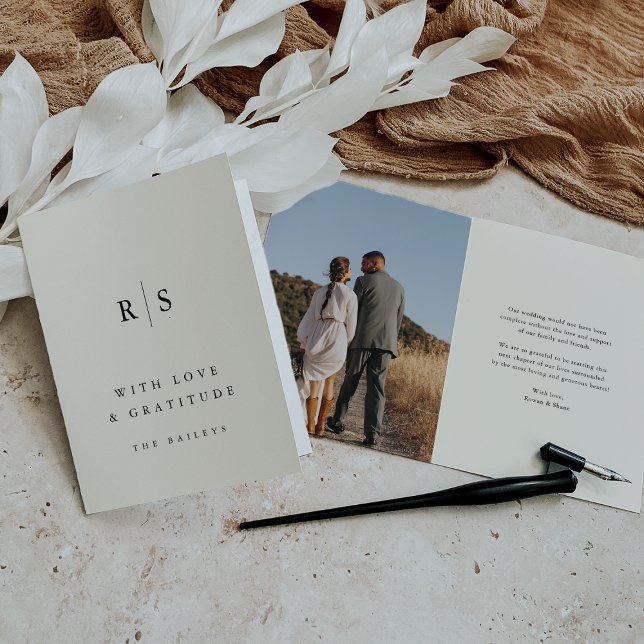 Classic Black & Ecru Monogram Wedding Photo Thank You Card (Creator Uploaded)
