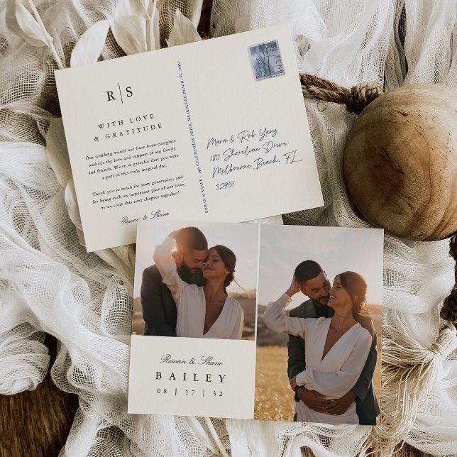 Classic Black & Ecru Monogram Wedding Thank You Postcard (Creator Uploaded)