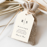 Classic Black & Ecru Monogram Wedding Welcome Gift Tags<br><div class="desc">Elegant wedding monogram design features your initials in classic black serif lettering bisected by a thin vertical line on a warm ivory ecru background. Customise with three editable text fields; shown with a welcome message,  making these tags the perfect finishing touch to your destination wedding welcome bags.</div>