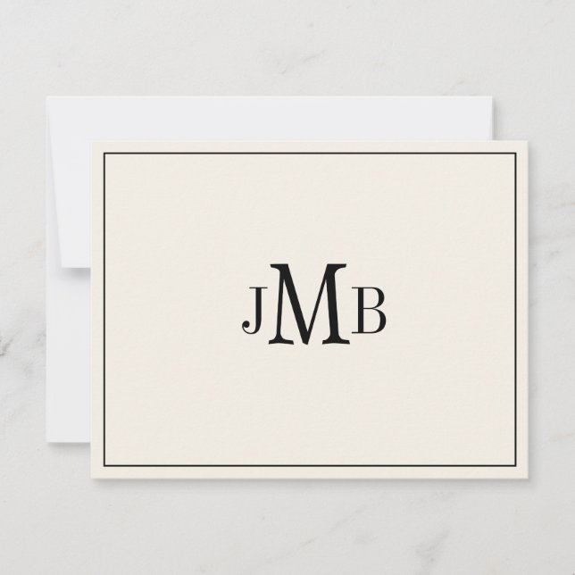 Classic Black & Ecru Monogrammed flat Thank You Card (Front)