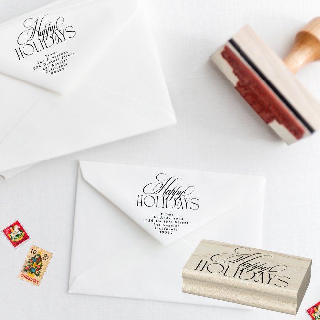 Classic Black Evergreen Elegance Happy Holidays Rubber Stamp (Creator Uploaded)