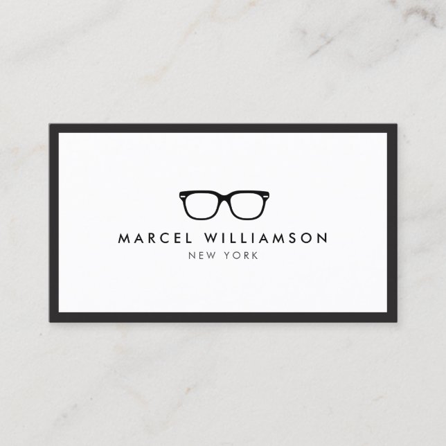 Classic Black Eyeglasses Logo White Business Card (Front)