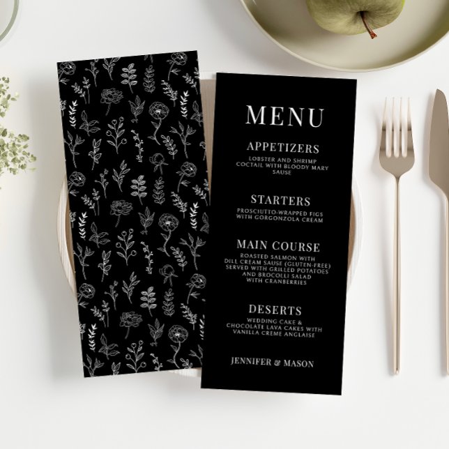 Classic black floral minimalist wedding menu (Creator Uploaded)