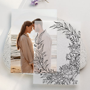 Classic Black Floral Overlay Wreath Wedding Vellum Invitations