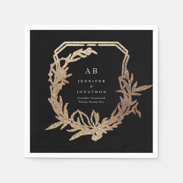 classic black florals gold motif monogram wedding napkin (Front)