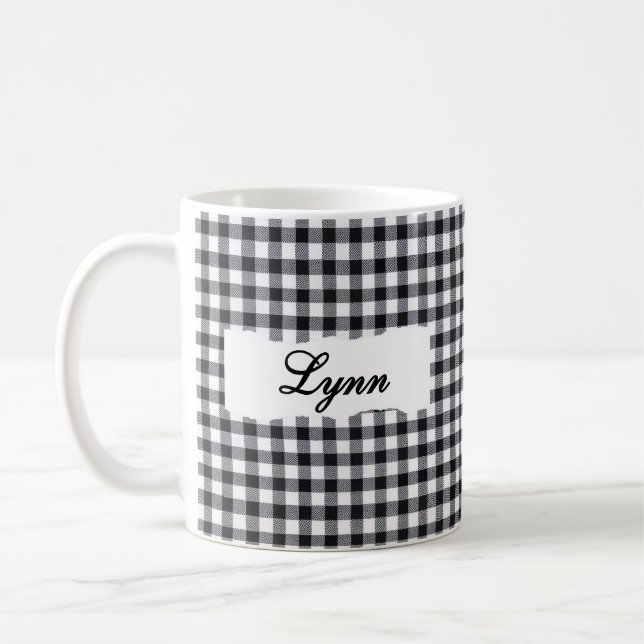 Classic Black Gingham Personalised Name  Coffee Mug (Left)