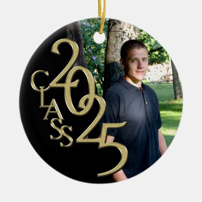 Classic Black Gold 2025 Graduate Photo Ceramic Tree Decoration (Front)