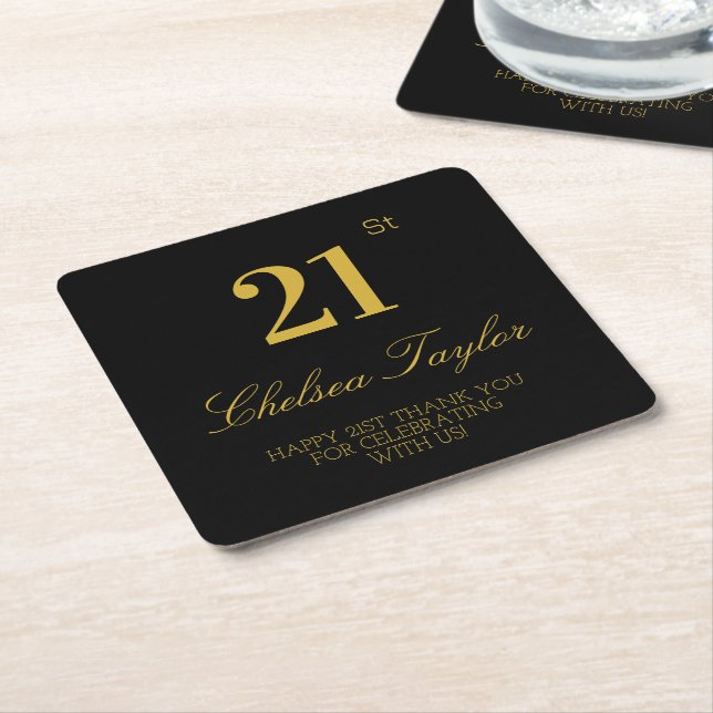 Classic Black & Gold 21st Birthday Confetti Party Square Paper Coaster (Angled)