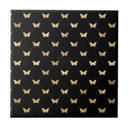 Classic Black Gold Butterflies Illustration Tile