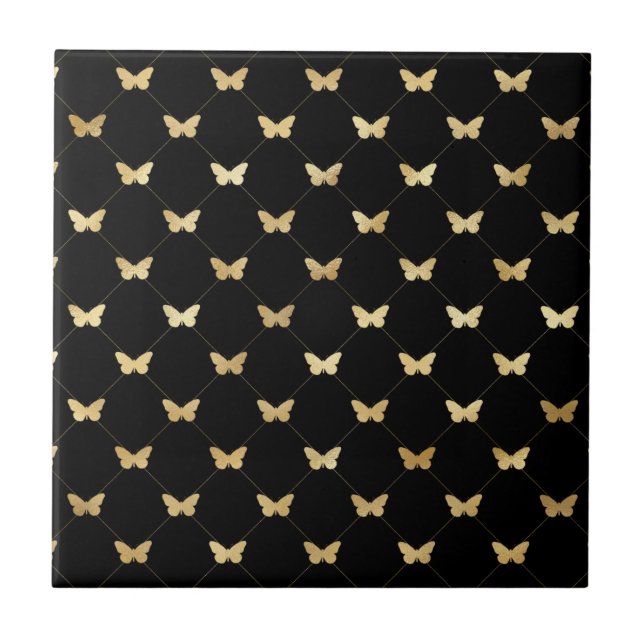 Classic Black Gold Butterflies Illustration Tile (Front)