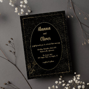 Classic black gold confetti floral Wedding Invitation
