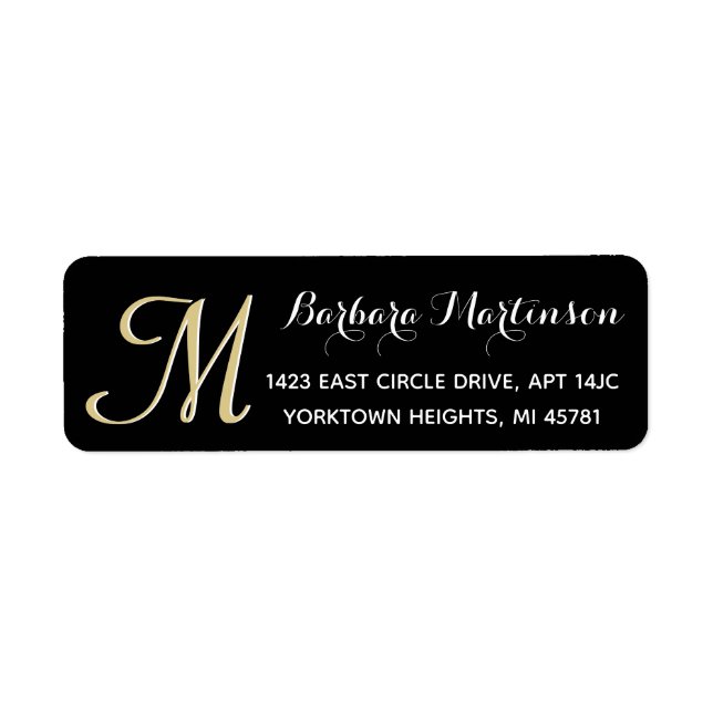 Classic Black Gold Custom  Monogram Address  Label (Front)