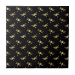 Classic Black Gold Dragonfly Illustration Tile