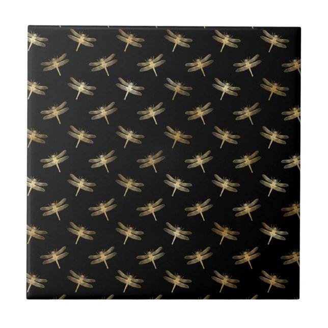 Classic Black Gold Dragonfly Illustration Tile (Front)