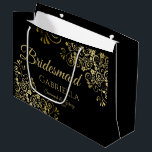Classic Black & Gold Lace Elegant Bridesmaid Large Gift Bag<br><div class="desc">This beautiful gift bag is designed as a wedding gift or favour bag for Bridesmaids. It features an elegant black and gold design with golden lace frills in the corners the text "Bridesmaid" as well as a place to enter her name, the couple's name, and the wedding date. Fill with...</div>