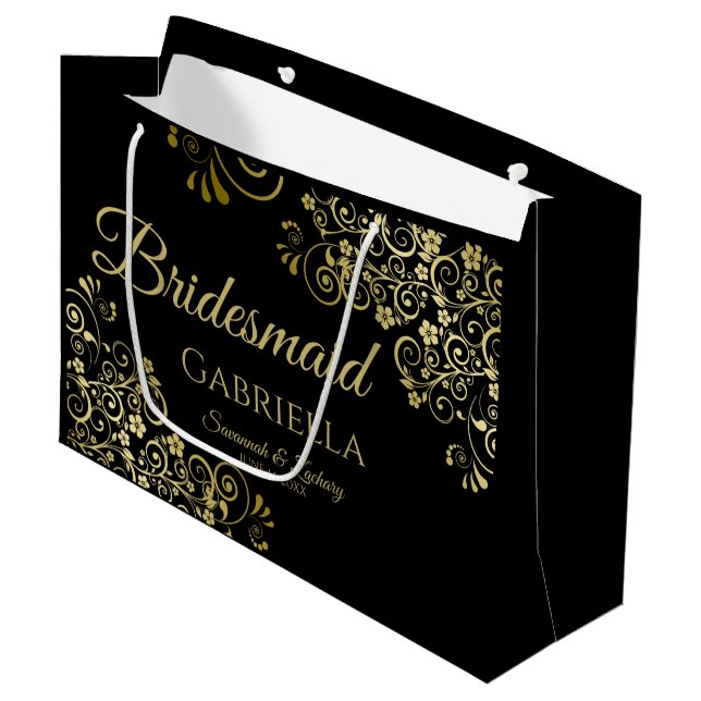 Classic Black & Gold Lace Elegant Bridesmaid Large Gift Bag (Front Angled)