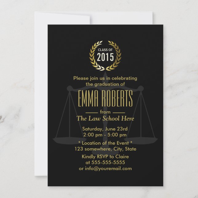 Classic Black & Gold Law School Graduation Invitation (Front)