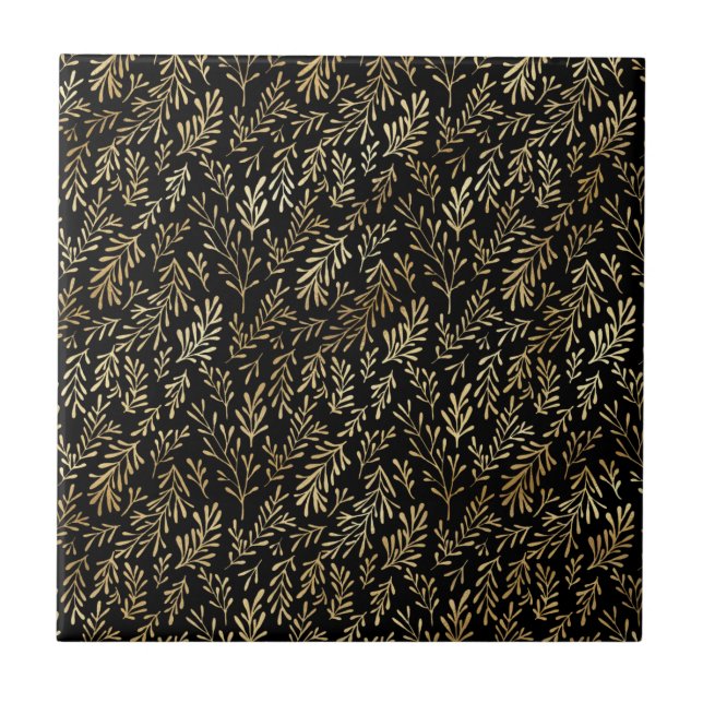 Classic Black Gold Leaves Illustration Tile (Front)