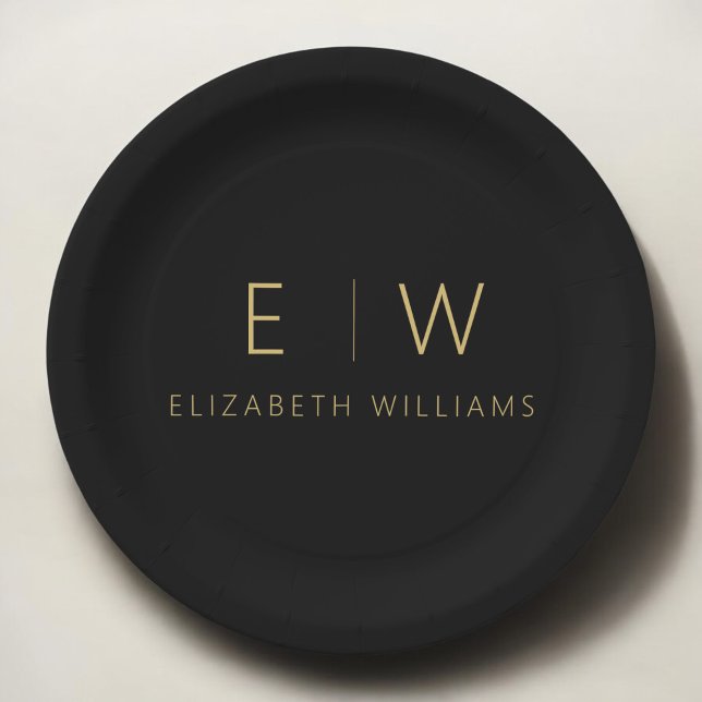 Classic Black Gold Minimalist Black Monogram Paper Plate (Creator Uploaded)
