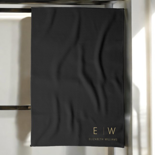 Classic Black Gold Minimalist Monogram Name Tea Towel (Creator Uploaded)