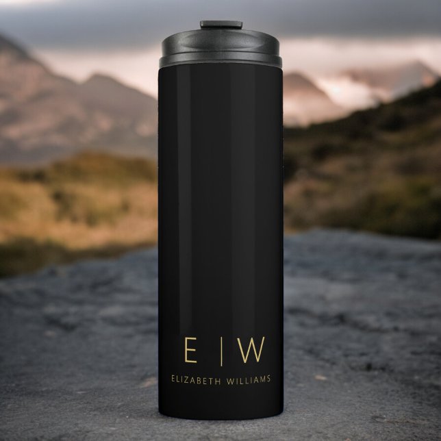 Classic Black Gold Minimalist Monogram Name Thermal Tumbler (Creator Uploaded)
