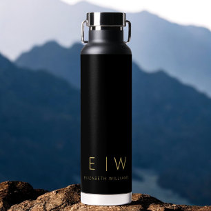 Classic Black Gold Minimalist Monogram Name Water Bottle