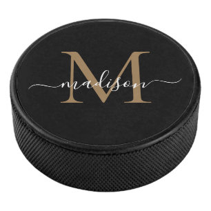 Classic Black Gold Monogram Girly Feminine Script Hockey Puck