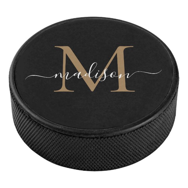 Classic Black Gold Monogram Girly Feminine Script Hockey Puck (3/4)