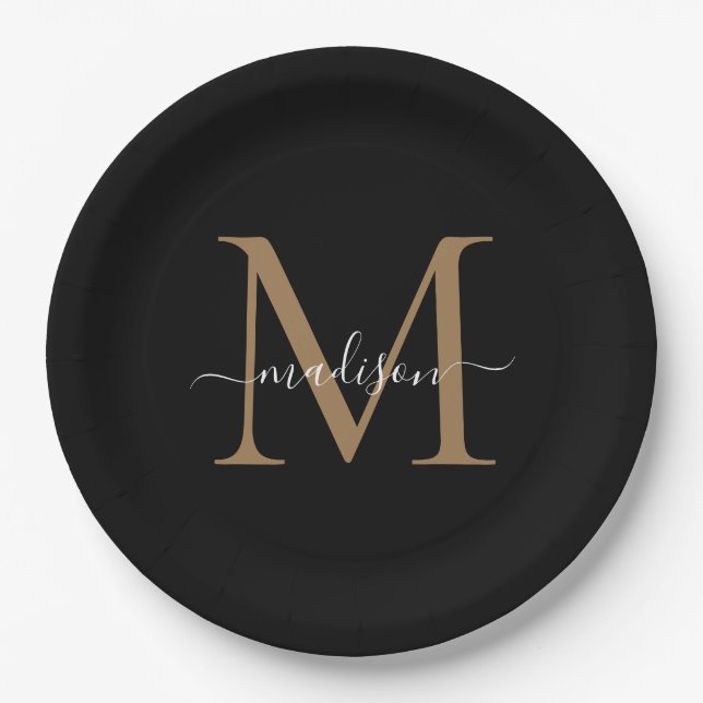 Classic Black Gold Monogram Modern Script Name Paper Plate (Front)
