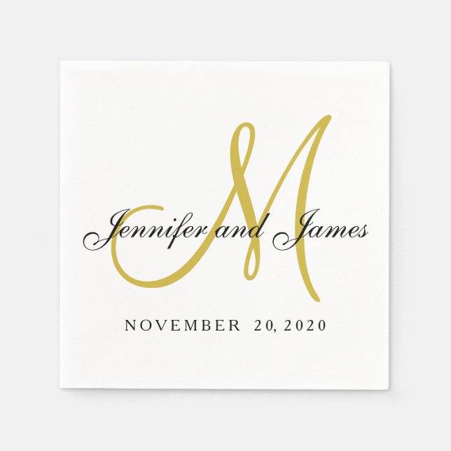 Classic Black Gold Monogram Paper Napkins (Front)